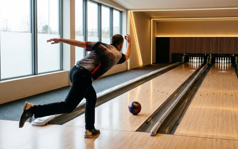 Bowler beim Abwurf auf einer Bowlingbahn, Blick auf die Zielpfeile und Pins