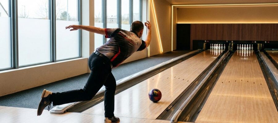 Bowler beim Abwurf auf einer Bowlingbahn, Blick auf die Zielpfeile und Pins
