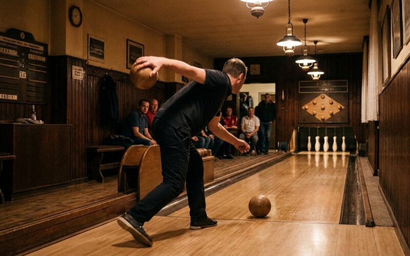 Kegler beim Anlauf auf einer Classic-Bahn, Kugel in der Hand kurz vor dem Schub