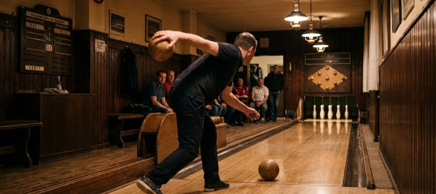 Kegler beim Anlauf auf einer Classic-Bahn, Kugel in der Hand kurz vor dem Schub