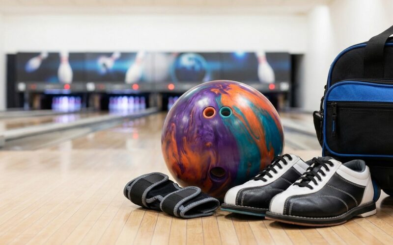 Bowlingball, Schuhe und Zubehör auf einer Bowlingbahn nebeneinander gelegt