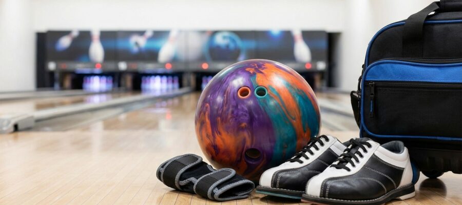 Bowlingball, Schuhe und Zubehör auf einer Bowlingbahn nebeneinander gelegt