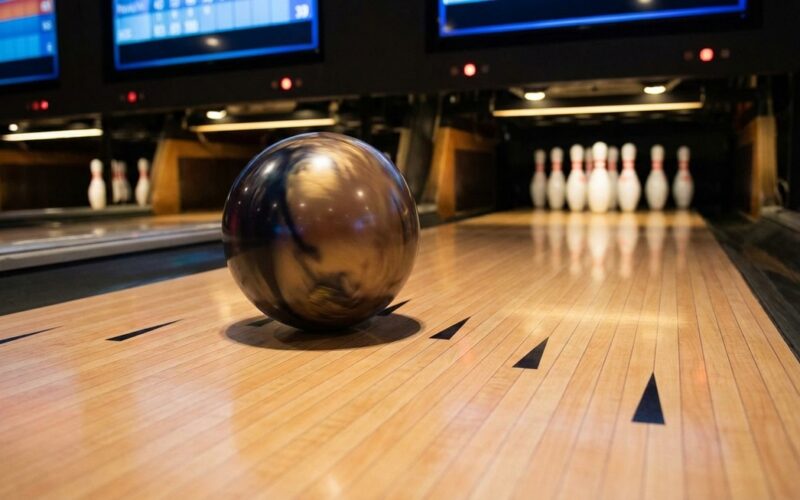 Bowler beim Hook-Wurf, Ball rollt über die Zielpfeile auf das Pocket zu