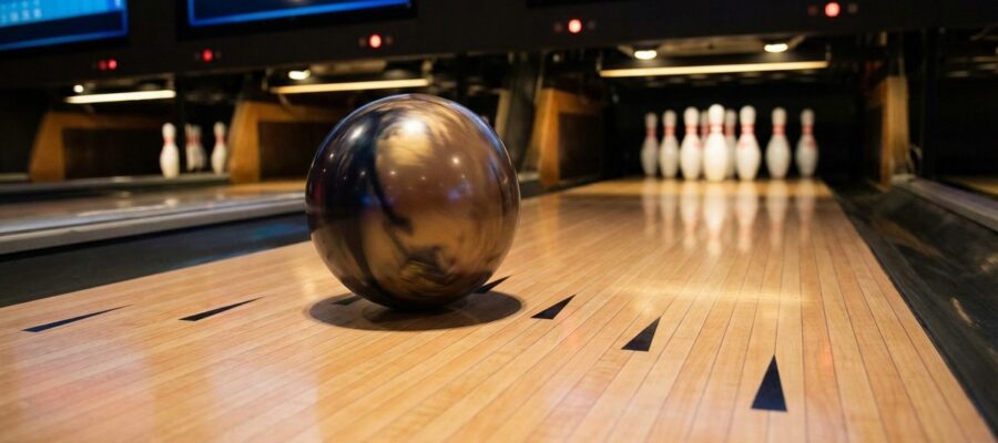 Bowler beim Hook-Wurf, Ball rollt über die Zielpfeile auf das Pocket zu