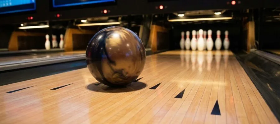 Bowler beim Hook-Wurf, Ball rollt über die Zielpfeile auf das Pocket zu