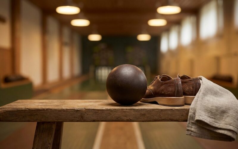 Kegelkugel und Kegelschuhe auf einer Holzbank in der Kegelhalle, bereit fürs Training