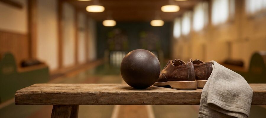 Kegelkugel und Kegelschuhe auf einer Holzbank in der Kegelhalle, bereit fürs Training