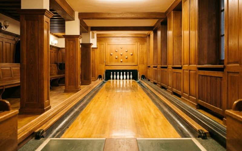 Blick entlang einer Classic-Kegelbahn mit aufgestellten 9 Kegeln in der Rautenformation am Ende