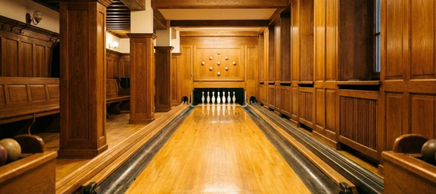 Blick entlang einer Classic-Kegelbahn mit aufgestellten 9 Kegeln in der Rautenformation am Ende