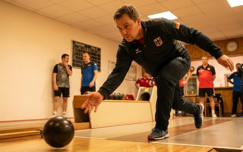 Kegler beim Anlauf auf einer Classic-Kegelbahn, Kugel im Pendelschwung kurz vor dem Abwurf