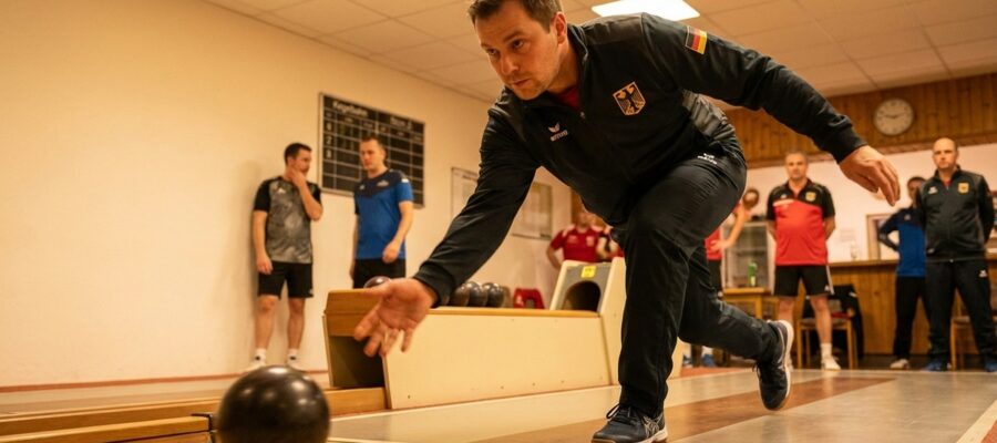 Kegler beim Anlauf auf einer Classic-Kegelbahn, Kugel im Pendelschwung kurz vor dem Abwurf