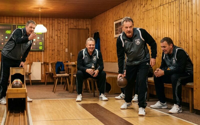 Vereinssport Kegeln Bowling — Mannschaft beim Ligaabend auf der Kegelbahn