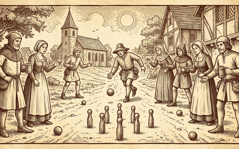 Geschichte Kegeln und Bowling — historische Illustration von Kegelspielern im Mittelalter