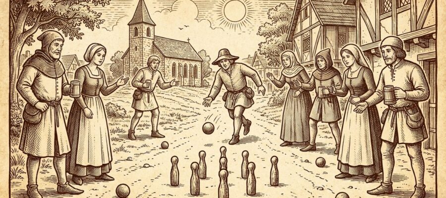 Geschichte Kegeln und Bowling — historische Illustration von Kegelspielern im Mittelalter